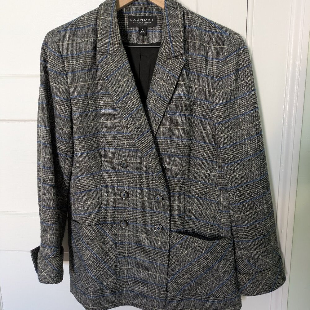 Laundry by Shelli Segal Blazer Women's Size Med Plaid Doublebreasted Blue Grey